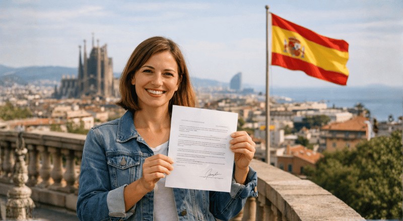 Pessoa sorridente segura uma autorização em primeiro plano, com expressão de conquista, enquanto ao fundo aparece a cidade de Barcelona sob luz natural suave, destacando a paisagem urbana e uma bandeira da Espanha hasteada, compondo um cenário institucional e realista