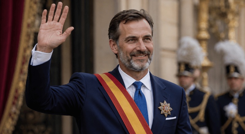 Homem em traje formal com faixa cerimonial, acenando em frente a um ambiente palaciano, com guardas ao fundo e aparência institucional moderna